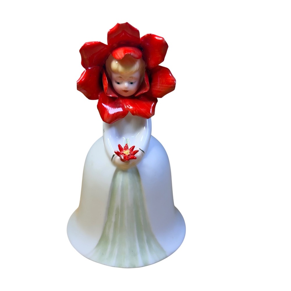 VTG Enesco Maruri Masterpiece Flower Girl Winter‎ Bell Red Poinsettia Christmas